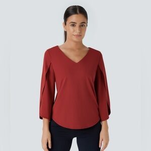 V Neck 3/4 Sleeve Curved Hem Work Top